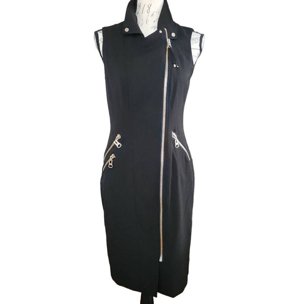 Calvin Klein Women's Size 4 Black Sleeveless Gold Zipper Front Bodycon Dress